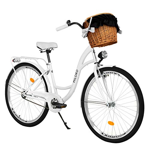 MILORD. 28 Zoll 3-Gang weiß Komfort Fahrrad mit Korb und Rückenträger, Hollandrad, Damenfahrrad, Citybike, Cityrad, Retro, Vintage von MILORD