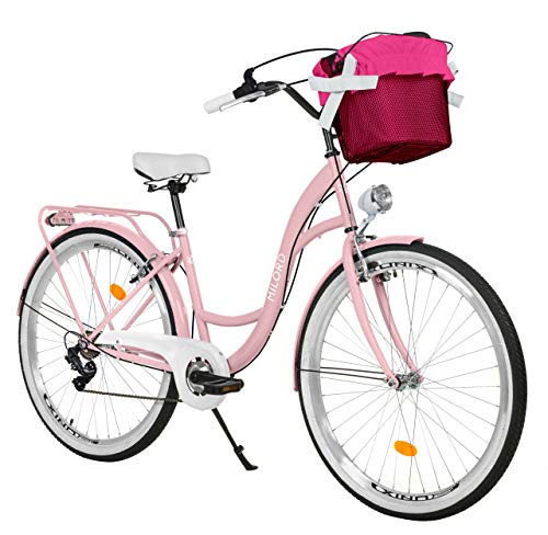 Milord. 28 Zoll 7-Gang Rosa Komfort Fahrrad mit Korb und Rückenträger, Hollandrad, Damenfahrrad, Citybike, Cityrad, Retro, Vintage von Milord Bikes
