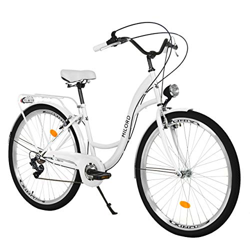 Milord. 28 Zoll 7-Gang weiß Komfort Fahrrad mit Rückenträger, Hollandrad, Damenfahrrad, Citybike, Cityrad, Retro, Vintage von Milord Bikes