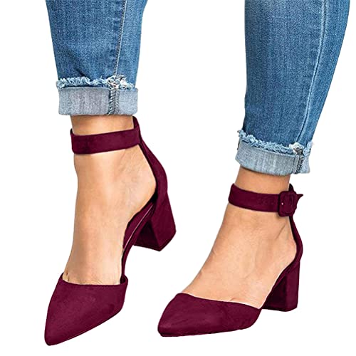 Minetom Blockabsatz Pumps Riemchen Damenschuhe Frühjahr Business Plateau Ballerinas Elegant Schuhe Mit Absatz Für Damen Sommer Spitzenschuhe Geschlossene Bequeme Niedrig Absatzpumps A Rot 38 EU von Minetom