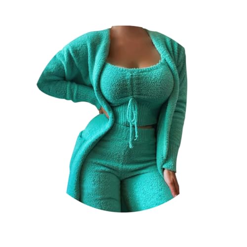 Minetom Damen 3-Teiliges Lounge Set Solid Plush Pyjamas Loungewear-Outfits Crop Tops Mit U-Ausschnitt Und Hoher Taille Hose Mit Offener Vorderseite Und Offener Strickjacke C Grün M von Minetom
