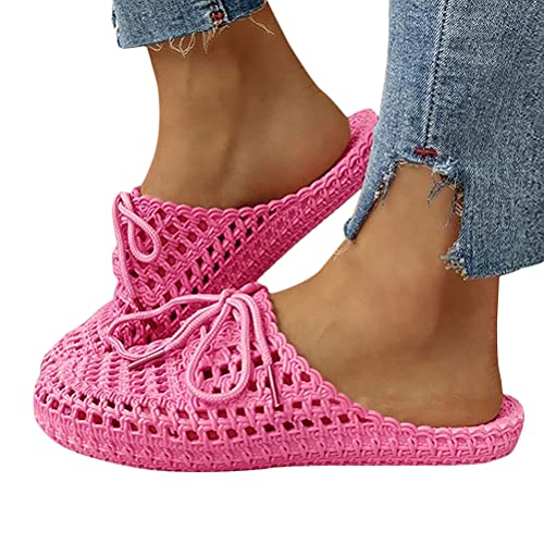 Minetom Damen Hausschuhe Atmungsaktiv Mesh Hausschuhe Sommer Hohl Latschen Badeschuhe Strand Slippers Flach Sohle Pantoffeln A Rosa Rot 38 EU von Minetom