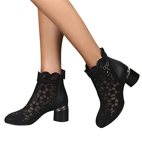 Minetom Damen Pumps Schuhe Elegant Spitze Blumen Blockabsatz rutschfest Mesh Strass Abend Party Braut Schuhe A Schwarz 35 EU von Minetom