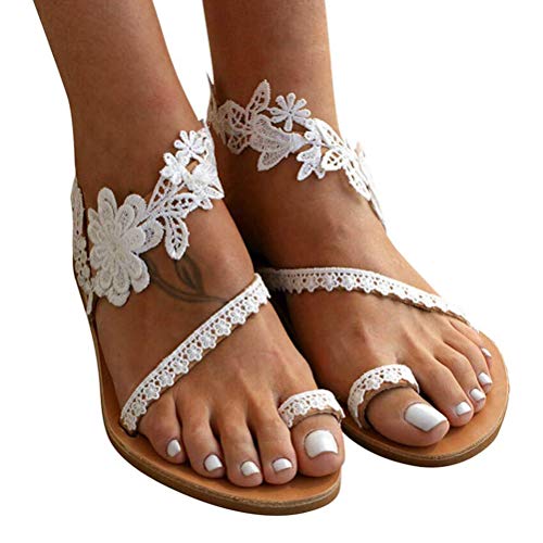 Minetom Damen Riemchen Flache Sandalen Böhmen Strandsandalen Elegante Lace Spitze Blumen Sommerschuhe Freizeit Vintage Zehe Ring Gladiator Sandalen Römische Schuhe Zehentrenner B Weiß 35 EU von Minetom