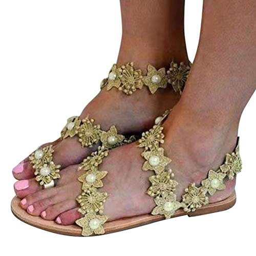 Minetom Damen Riemchen Flache Sandalen Böhmen Strandsandalen Lace Spitze Blumen Sommerschuhe Freizeit Vintage Zehe Ring Gladiator Sandalen Römische Schuhe Zehentrenner I Gelb 41 EU von Minetom