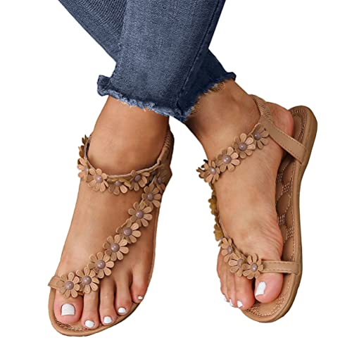 Minetom Damen Sandalen Lässige Lace Spitze Riemchen Flip Flop Sandals Schuhe Flache Römische Zehe Ring Römersandalen Sandalen Zehentrenner Blumen Gladiator Strandsandalen Sommerschuhe J Khaki 36 EU von Minetom