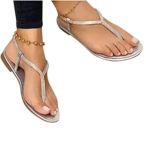 Minetom Damen Sandalen mit Riemchen Strass Glitzer Zehentrenner Glänzend Sandaletten Flache T-Riemen Flip Flops Pantoletten A Silber 41 EU von Minetom