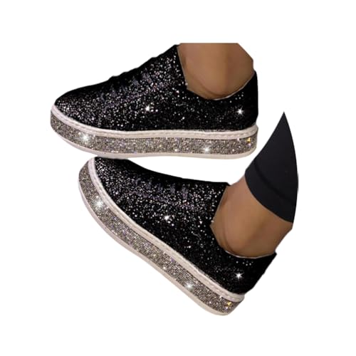 Minetom Sneakers Damen Pailletten Flache Low Sneaker Atmungsaktiv Glitzer Turnschuhe Outdoor Sportschuhe Laufschuhe Schuhe Schnürsenkel Walkingschuhe B Schwarz 36 EU von Minetom