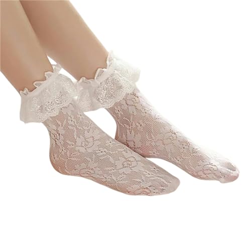 MiqiZWQ Socken Damen Socken Spitzen-Mesh-Fischnetzstrümpfe Frauen Mit Mittlerer Kälte Süße Rüschen Rüschen Süße Socken-Weiss-A von MiqiZWQ