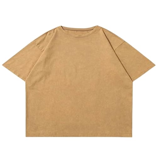 MiqiZWQ T-Shirts für Herren Sommergewaschene T-Shirt Für Männer Baumwolle Lose O-Neck Tee Herren Tops Casual Vintage Short Sleeve T-Shirt-Khaki-XL von MiqiZWQ