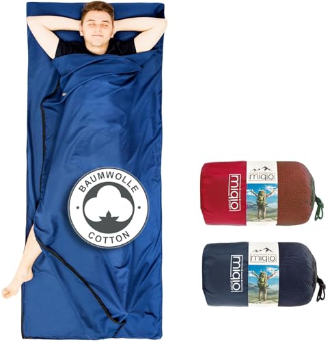 Miqio® 2in1 Baumwoll-Hüttenschlafsack mit durchgängigem Reißverschluss (Koppelbar): Leichter Komfort Reiseschlafsack und XL Reisedecke in Einem - Sommer Schlafsack Innenschlafsack (Blau,Rechts) von Miqio
