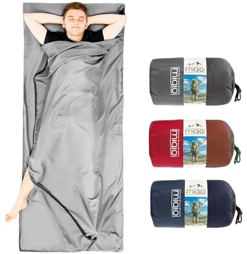 MIQIO® 2in1 Baumwoll-Hüttenschlafsack mit durchgängigem Reißverschluss (Koppelbar): Leichter Reiseschlafsack und XL Reisedecke in Einem - Sommer Schlafsack Innenschlafsack (Grau,Rechts) von Miqio
