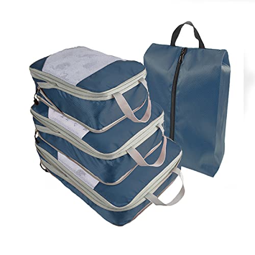 MisFox 4-teilig Packwürfel Set mit Kompression Packing Cubes Schuhbeutel Reise Tasche Kleidertaschen Kofferorganizer Wasserabweisend Gepäck Organizer für Koffer und Rucksack Marineblau von MisFox