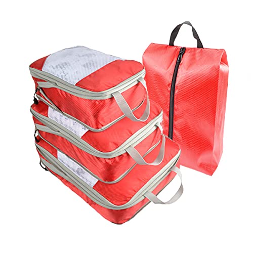 MisFox 4-teilig Packwürfel Set mit Kompression Packing Cubes Schuhbeutel Reise Tasche Kleidertaschen Kofferorganizer Wasserabweisend Gepäck Organizer für Koffer und Rucksack Rot von MisFox