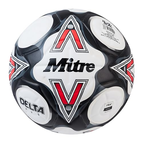 Mitre Delta Fußball | sehr langlebig | verbesserte Genauigkeit und Konsistenz, Weiß/Schwarz/Leibchenrot, 4 von Mitre