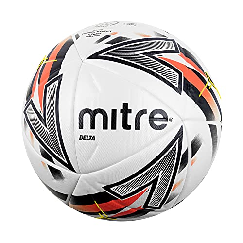 Mitre Delta One Fußball, sehr langlebig, verbesserte Genauigkeit und Konsistenz, weiß, schwarz, dunkel orange, Ballgröße 5 von Mitre