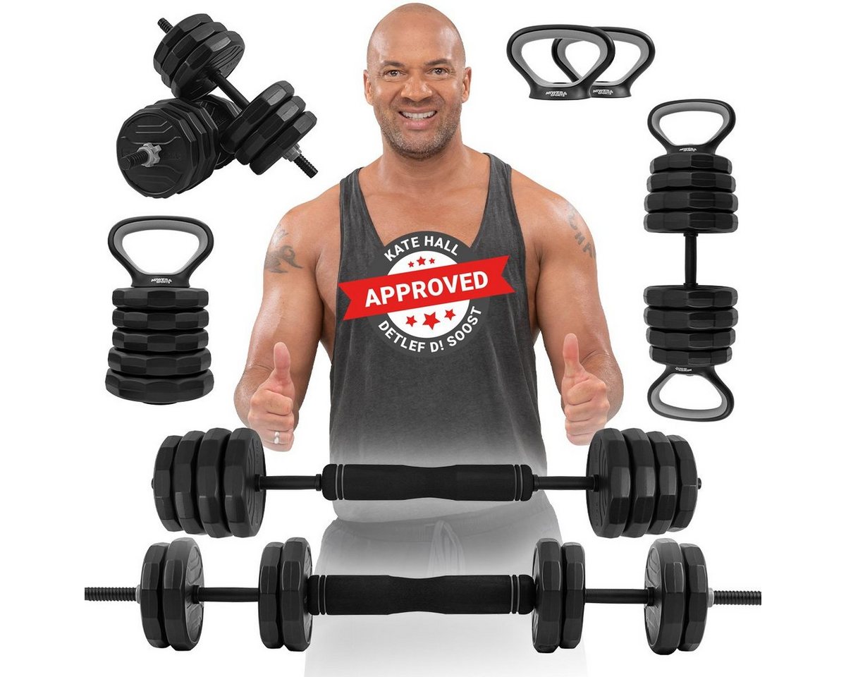 Miweba Sports Hantel-Set verstellbares 6in1 Hantel Set - 25 kg, (Liegestützgriffe - Kurzhanteln - Langhantel - Kettlebell - Multifunktionshantel - Krafttraining - Muskelaufbau - Workout - Training - Kurzhantelset - Hantel komplett Set, Sternverschluss, Anti-Rutsch-Griff, Stahl, 6 Hantel Konstellationen), Fitness Sport Hantel Set Hantelscheiben Fitnesshanteln Gewichte von Miweba Sports