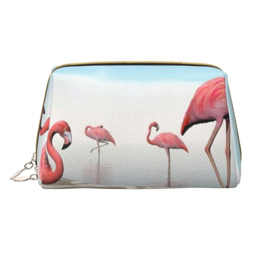Kleine Make-up-Tasche aus Leder für Geldbörse, Reise-Make-up-Tasche, Mini-Kosmetiktasche für Damen und Mädchen, Flock of Pink Flamingos on the Beach, Einheitsgröße, Kosmetikkoffer von Mngpouw