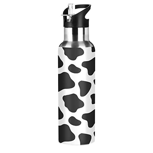 Mnrsuu Wasserflasche aus Edelstahl mit Kuhmuster, vakuumisoliert, Standard-Mundflasche mit breitem Griff, Schwarz und Weiß von Mnsruu