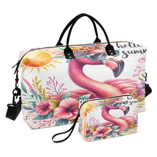 Ein Aquarell-Flamingo mit Sonnenbrille und Blumenkranz, Hello Summer Reisetasche für Männer und Frauen, Turnbeutel mit Aufbewahrungstasche, Wochenendtasche, Handgepäcktasche für Reisen, Reisen, von Mnsruu