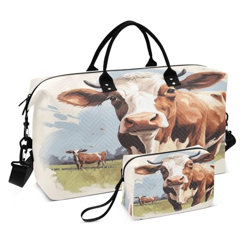 Grassland Kuh-Reisetasche, mit Kulturbeutel und verstellbarem Gurt, für Reisen, Fitnessstudio, Yoga, Wochenende, mehrfarbig, Einheitsgröße, Kulturbeutel von Mnsruu