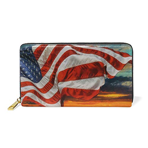 Mnsruu Kunst Usa Amerikanische Flagge Damen Brieftasche Reißverschluss Geldbörse Echtes Leder Geldbeutel Telefon Kreditkartenetui Portemonnaie für Frauen Mädchen von Mnsruu