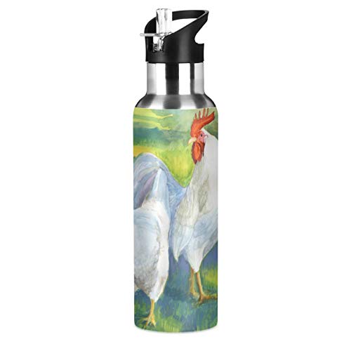 MNSRUU Trinkflasche mit drei weißen Hühnern, isoliert für Mädchen und Jungen, Edelstahl-Wasserflasche mit Strohhalm, 590 ml von Mnsruu