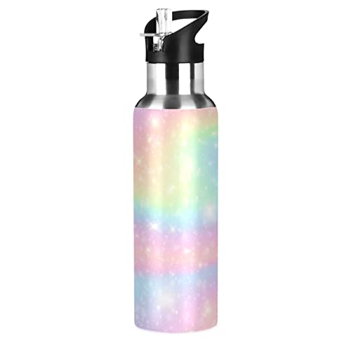 Mnsruu Abstrakte Flüssige Regenbogenfarbe Trinkflasche Wasserflasche mit Strohhalm für Sport, 600ML Thermosflasche BPA-frei Isolierflasche Edelstahl 18/8 für Kinder Wandern Schule von Mnsruu