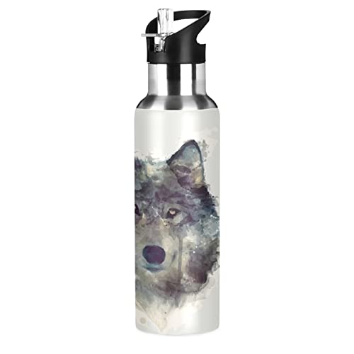 Mnsruu Aquarell Hand Zeichnen Wolf Trinkflasche Wasserflasche mit Strohhalm für Sport, 600ML Thermosflasche BPA-frei Isolierflasche Edelstahl 18/8 für Kinder Wandern Schule von Mnsruu