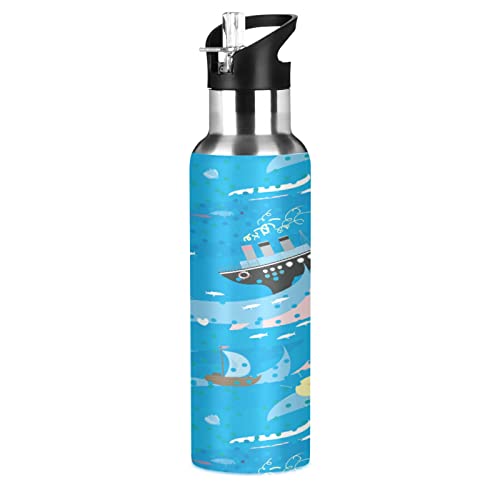 Mnsruu Blaues Meer Schiff Mond Trinkflasche Wasserflasche mit Strohhalm für Sport, 600ML Thermosflasche BPA-frei Isolierflasche Edelstahl 18/8 für Kinder Wandern Schule von Mnsruu