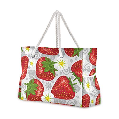 Mnsruu Damen-Tragetasche, Erdbeere, große Schultertasche, Strandtasche, Baumwollseilgriffe, Reisetasche für Frauen von Mnsruu