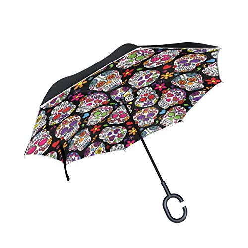 Mnsruu Doppelschichtiger Regenschirm mit Totenkopf-Motiv, UV-Schutz, winddicht, umgekehrt, faltbarer Regenschirm mit C-förmigem Griff von Mnsruu