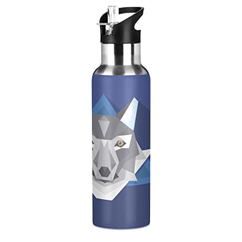 Mnsruu Kunst Wildtier Wolf Trinkflasche Wasserflasche mit Strohhalm für Sport, 600ML Thermosflasche BPA-frei Isolierflasche Edelstahl 18/8 für Kinder Wandern Schule von Mnsruu