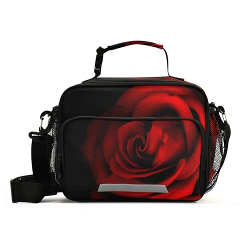 Mnsruu Lunchtasche, Motiv: Rote Rose, Blume, Schwarz, groß, isolierte Lunchbox für Kinder, Jungen, Mädchen, wiederverwendbare Kühltasche, Tragetasche, Schul-Lunchbox mit Schultergurt von Mnsruu