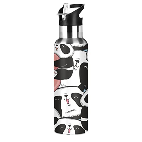 Mnsruu Pandaherz Süßes Tierbaby Trinkflasche Wasserflasche mit Strohhalm für Sport, 600ML Thermosflasche BPA-frei Isolierflasche Edelstahl 18/8 für Kinder Wandern Schule von Mnsruu