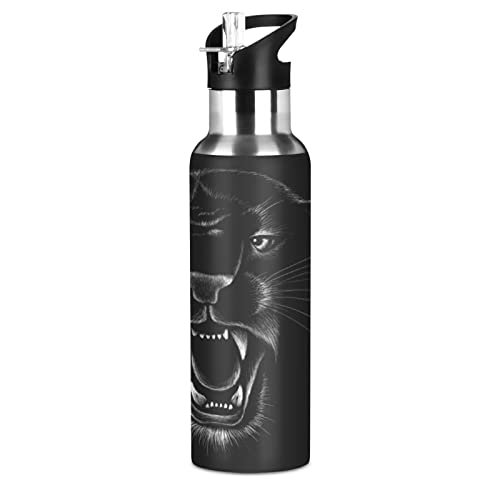 Mnsruu Schwarz Weiß Tier Panther Leopard Trinkflasche Wasserflasche mit Strohhalm für Sport, 600ML Thermosflasche BPA-frei Isolierflasche Edelstahl 18/8 für Kinder Wandern Schule von Mnsruu
