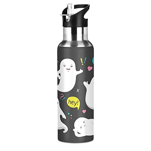 Mnsruu Süße Geister Halloween Party Trinkflasche Wasserflasche mit Strohhalm für Sport, 600ML Thermosflasche BPA-frei Isolierflasche Edelstahl 18/8 für Kinder Wandern Schule von Mnsruu