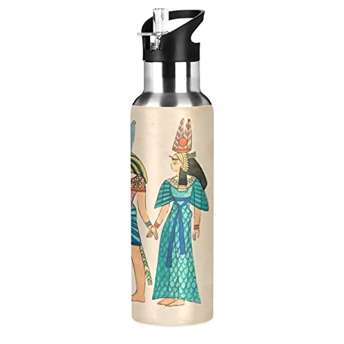 Mnsruu Vintage-Ägypten-Symbole Held Trinkflasche Wasserflasche mit Strohhalm für Sport, 600ML Thermosflasche BPA-frei Isolierflasche Edelstahl 18/8 für Kinder Wandern Schule von Mnsruu