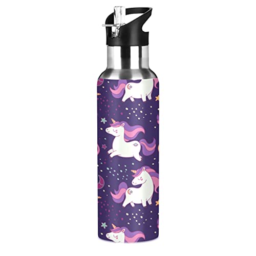 Mnsruu Weltraum Schwarzes Einhorn Baby Süß Trinkflasche Wasserflasche mit Strohhalm für Sport, 600ML Thermosflasche BPA-frei Isolierflasche Edelstahl 18/8 für Kinder Wandern Schule von Mnsruu