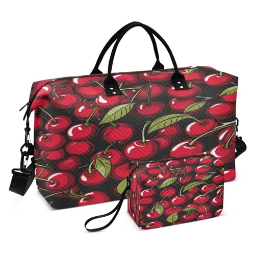 Red Cherrys Reisetasche mit Kulturbeutel und verstellbarem Riemen für Reisen, Fitnessstudio, Yoga, Wochenende, mehrfarbig, Einheitsgröße, Kulturbeutel von Mnsruu