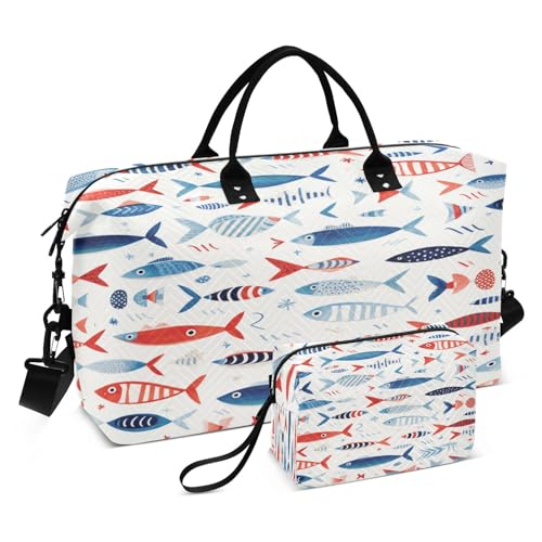Reisetasche mit Fischmotiv, für Fitnessstudio, Yoga, für Männer und Frauen, Blau / Weiß, Blauer weißer Fisch, Einheitsgröße, Reisetasche von Mnsruu