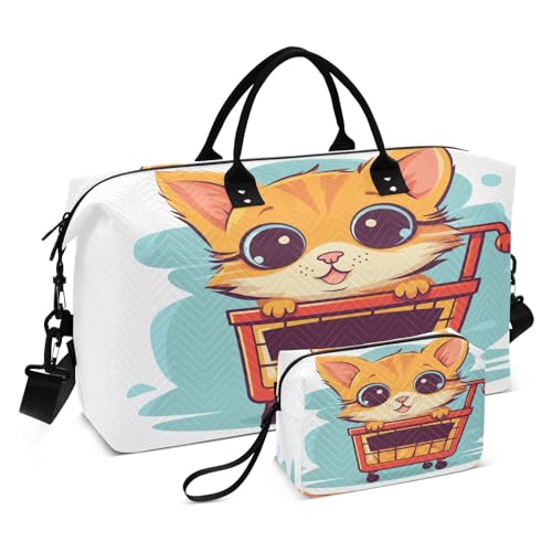 Reisetasche mit Katze im Einkaufswagen, mit Kulturbeutel und verstellbarem Gurt, für Reisen, Fitnessstudio, Yoga, Wochenende, mehrfarbig, Einheitsgröße, Kulturbeutel von Mnsruu