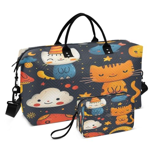Reisetasche mit Katzen-Erdbeer-Motiv, mit Kulturbeutel und verstellbarem Gurt, für Reisen, Fitnessstudio, Yoga, Wochenende, mehrfarbig, Einheitsgröße, Kulturbeutel von Mnsruu