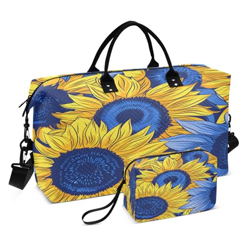 Reisetasche mit Kulturbeutel und verstellbarem Gurt, Sonnenblumen in Blau, für Reisen, Fitnessstudio, Yoga, Wochenende, mehrfarbig, Einheitsgröße, Kulturbeutel von Mnsruu
