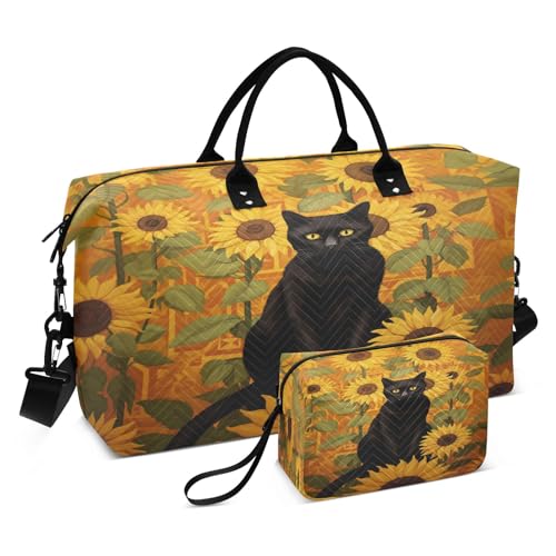 Reisetasche mit Sonnenblumen-Motiv, schwarze Katze, mit Kulturbeutel und verstellbarem Gurt, für Reisen, Fitnessstudio, Yoga, Wochenende, mehrfarbig, Einheitsgröße, Kulturbeutel von Mnsruu