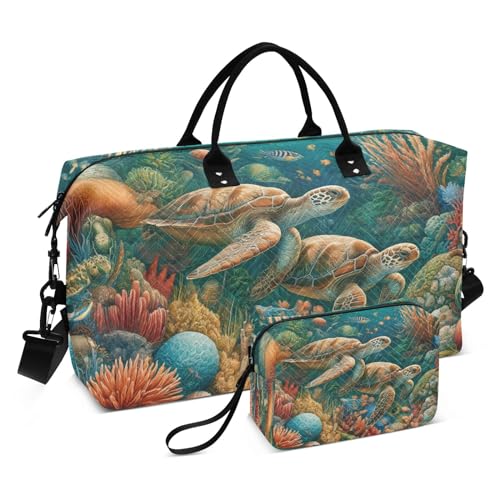 Underwater Sea Ocean Turtle 1 Reisetasche mit Kulturbeutel und verstellbarem Gurt für Reisen, Fitnessstudio, Yoga, Wochenende, mehrfarbig, Einheitsgröße, Kulturbeutel von Mnsruu