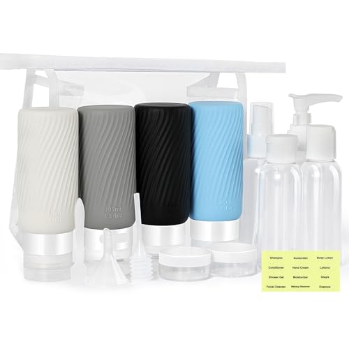 MoKo Reiseflaschen zum Befüllen 100ml, 15 Stück Silikon Reiseflaschen Set, Tragbares Reise Gadgets mit PVC-Tasche für Shampoo Lotion Creme Seife, Travel Essentials für Damen Herren von MoKo