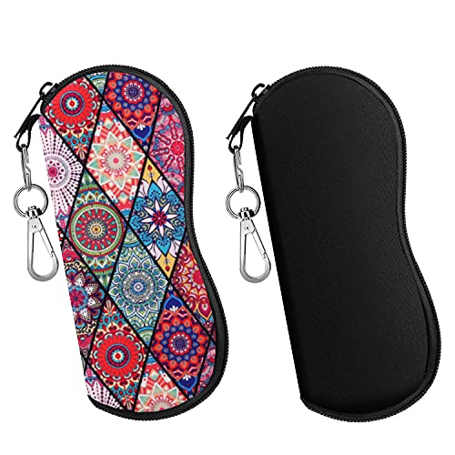 MoKo Brillenetui, 2 Stück Leicht Neopren Reißverschluss Sonnenbrille Tasche mit Gürtelclip für Brillen Rahmen Tragbare Case für Schlüssel Bleistifte Karten, Schwarz+Rautenförmig Stechapfel von MoKo