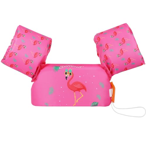 MoKo Kinder Schwimmflügel, Cartoon Schwimmende Badeanzug Schwimmtraining Jacke Schwimmflügel mit Schnalle für Jungen Mädchen, 20 bis 50 lb - Magenta & Flamingo von MoKo