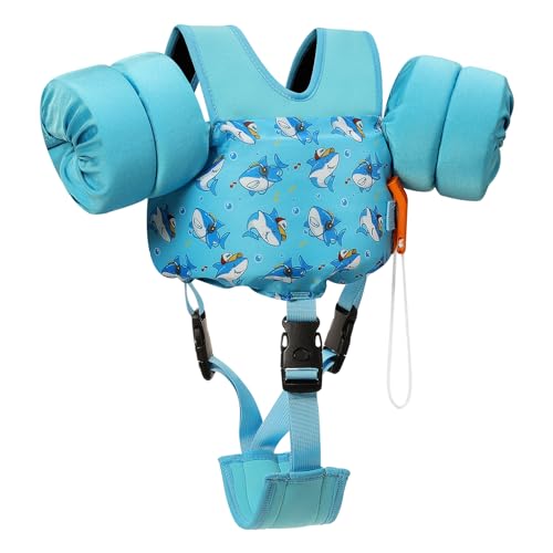 MoKo Kinder Schwimmflügel, Cartoon Schwimmweste mit Schultergurt Jacke Schwimmende Badeanzug Schwimm Zubehör mit Doppel Sicherheitsschnalle für 13-30 lbs Jungen Mädchen, S, Blaue Haie Druck von MoKo